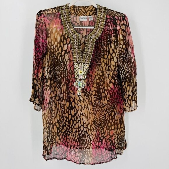 Chico's Embellished Animal-Print Tunic Size L (2) Sheer 3/4 Sleeve SIlk - Picture 1 of 12